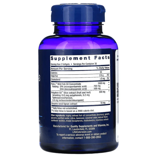 Super Omega-3, EPA/DHA Aceite De Pescado, Lignanos De Sésamo Y Extracto De Oliva (60 softgels), Life Extension